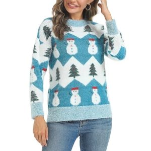 Winter Wonderland – Pull femme bleu aux motifs renne et bonhomme de neige – Pull de Noël moche et festif