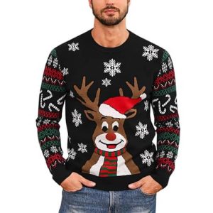 Vive Noël en Noir – Pull Flocon de Neige Renne – Pull de Noël pour Homme